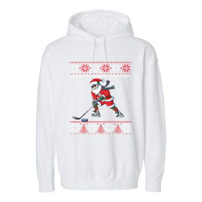 Funny Santa Playing Hockey Christmas Ugly Sweater Gift Garment-Dyed Fleece Hoodie