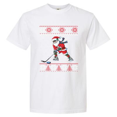 Funny Santa Playing Hockey Christmas Ugly Sweater Gift Garment-Dyed Heavyweight T-Shirt