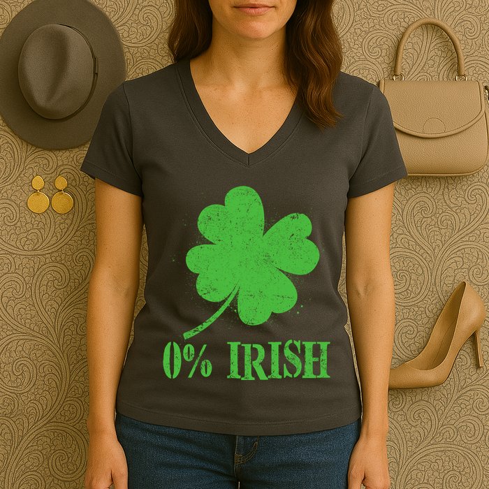 Funny St Patricks Day Zero Percent Irish Distressed Shamrock Clover Women's V-Neck T-Shirt
