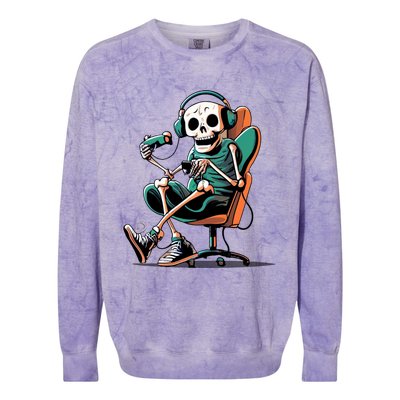 Funny Skeleton Playing Video Games Gaming Gamer Halloween Gift Colorblast Crewneck Sweatshirt