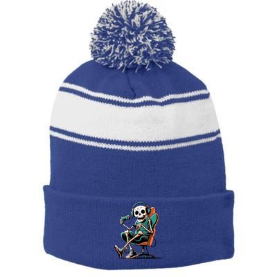 Funny Skeleton Playing Video Games Gaming Gamer Halloween Gift Stripe Pom Pom Beanie