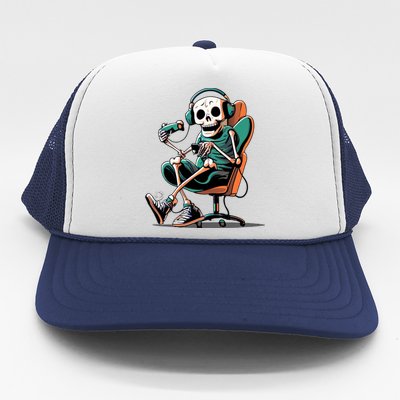 Funny Skeleton Playing Video Games Gaming Gamer Halloween Gift Trucker Hat