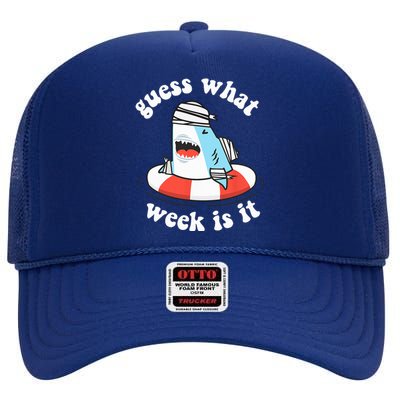 Funny Shark Party Beach Guess What Week Is It Lover Shark High Crown Mesh Back Trucker Hat