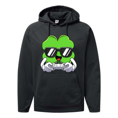 Funny St Patricks Day Shamrock Gaming Gamer Performance Fleece Hoodie