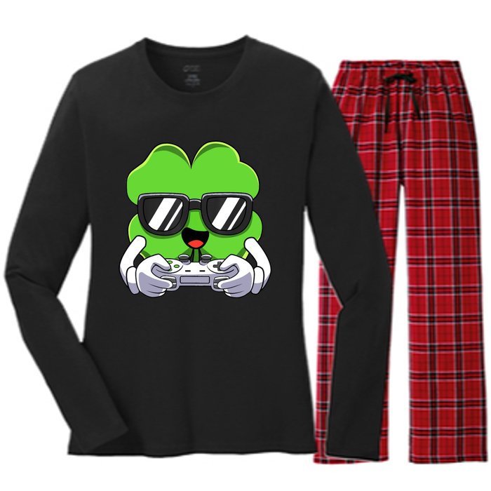 Funny St Patricks Day Shamrock Gaming Gamer Women's Long Sleeve Flannel Pajama Set 