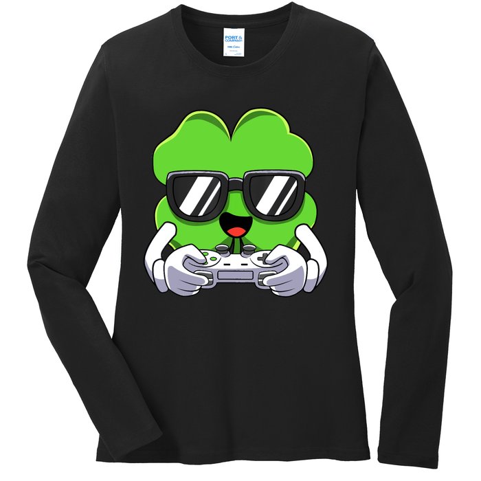 Funny St Patricks Day Shamrock Gaming Gamer Ladies Long Sleeve Shirt