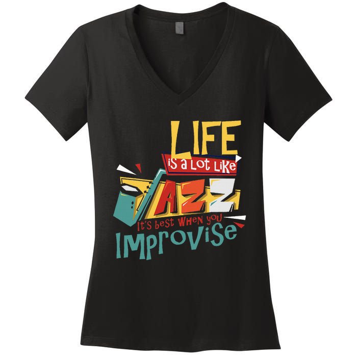 Funny Sax Player Gifts Jazz Music Saxophone Women's V-Neck T-Shirt