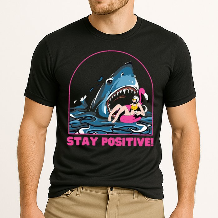 Funny Stay Positive Shark Beach Motivational Quote Cooling Performance Crew T-Shirt