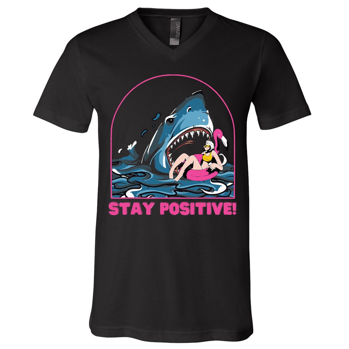 Funny Stay Positive Shark Beach Motivational Quote V-Neck T-Shirt