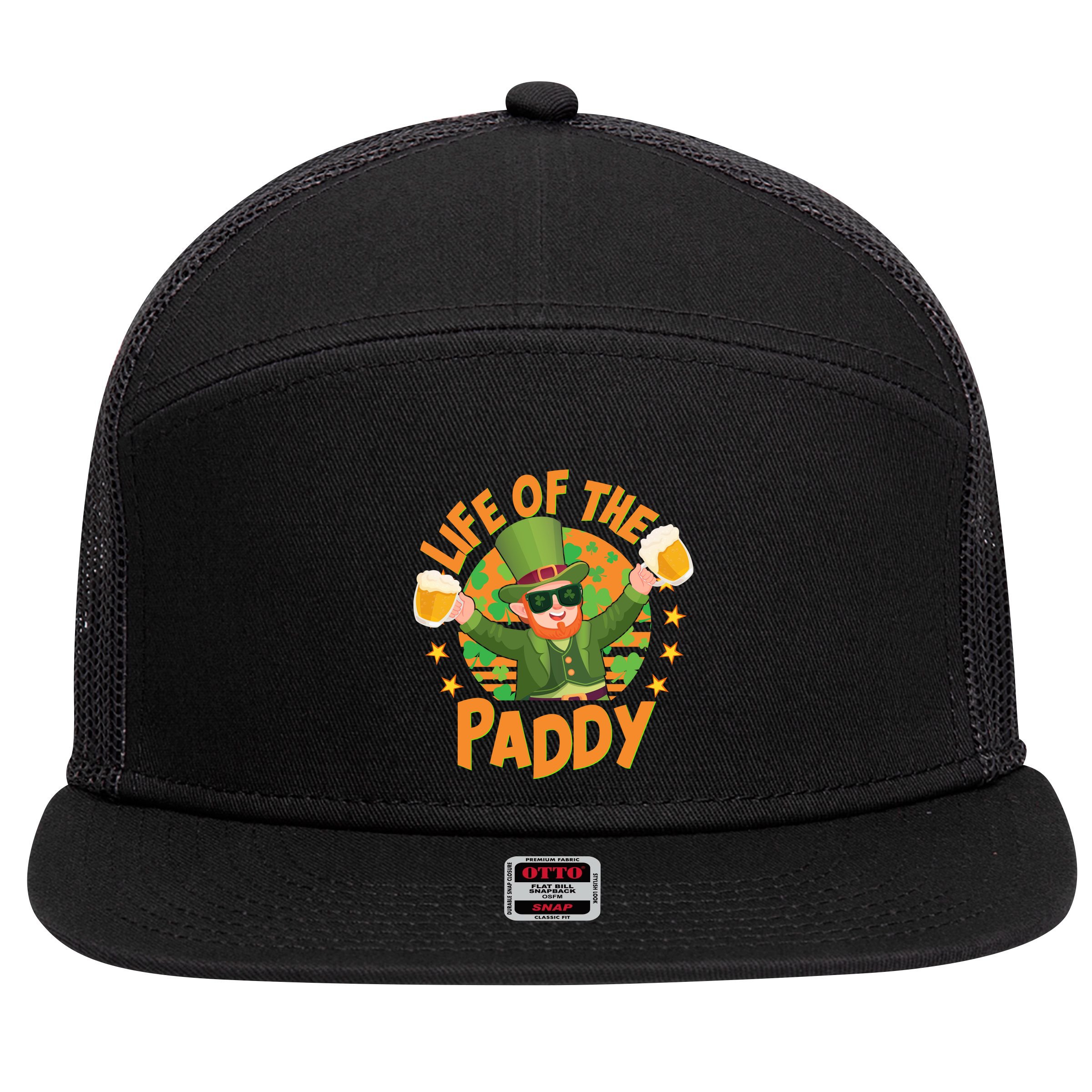 Funny St Patricks Day Life Of The Paddy Leprechaun With Beers 7 Panel Mesh Trucker Snapback Hat