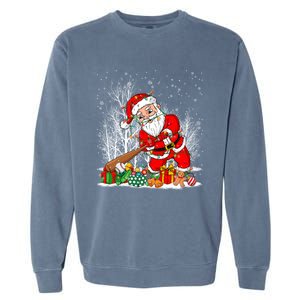 Funny Santa Playing Baseball Christmas Tree Lights Xmas Pjs Great Gift Garment-Dyed Sweatshirt