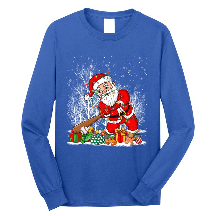 Funny Santa Playing Baseball Christmas Tree Lights Xmas Pjs Great Gift Long Sleeve Shirt