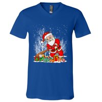 Funny Santa Playing Baseball Christmas Tree Lights Xmas Pjs Great Gift V-Neck T-Shirt