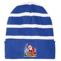 Funny Santa Playing Baseball Christmas Tree Lights Xmas Pjs Great Gift Striped Beanie with Solid Band