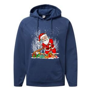 Funny Santa Playing Baseball Christmas Tree Lights Xmas Pjs Great Gift Performance Fleece Hoodie