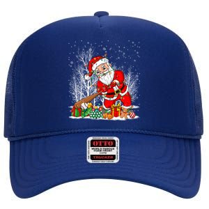 Funny Santa Playing Baseball Christmas Tree Lights Xmas Pjs Great Gift High Crown Mesh Back Trucker Hat