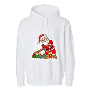 Funny Santa Playing Baseball Christmas Tree Lights Xmas Pjs Great Gift Garment-Dyed Fleece Hoodie