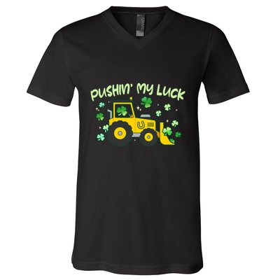 Funny St Patricks Day Pushin My Luck Bulldozer V-Neck T-Shirt