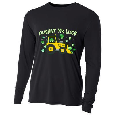 Funny St Patricks Day Pushin My Luck Bulldozer Cooling Performance Long Sleeve Crew