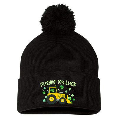 Funny St Patricks Day Pushin My Luck Bulldozer Pom Pom 12in Knit Beanie