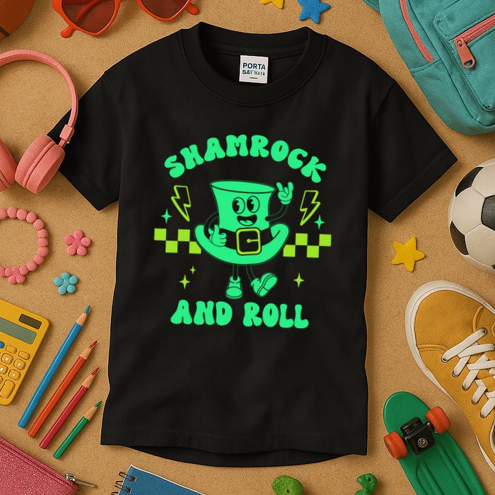 Funny St Patricks Day Shamrock and Roll Kids T-Shirt