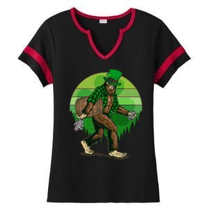 Funny St Patrick's Day Leprechaun Sasquatch With Beer Ladies Halftime Notch Neck Tee