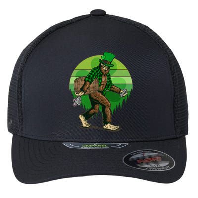 Funny St Patrick's Day Leprechaun Sasquatch With Beer Flexfit Unipanel Trucker Cap