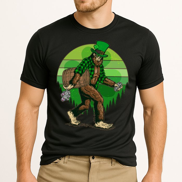 Funny St Patrick's Day Leprechaun Sasquatch With Beer Performance Shirt