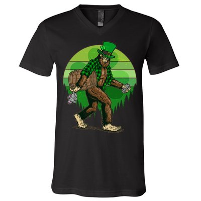 Funny St Patrick's Day Leprechaun Sasquatch With Beer V-Neck T-Shirt
