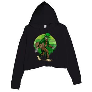 Funny St Patrick's Day Leprechaun Sasquatch With Beer Crop Fleece Hoodie