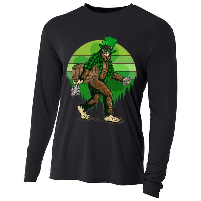 Funny St Patrick's Day Leprechaun Sasquatch With Beer Cooling Performance Long Sleeve Crew