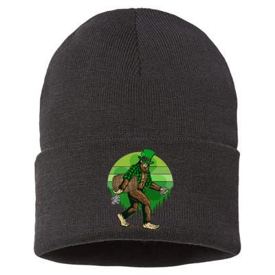 Funny St Patrick's Day Leprechaun Sasquatch With Beer Sustainable Knit Beanie