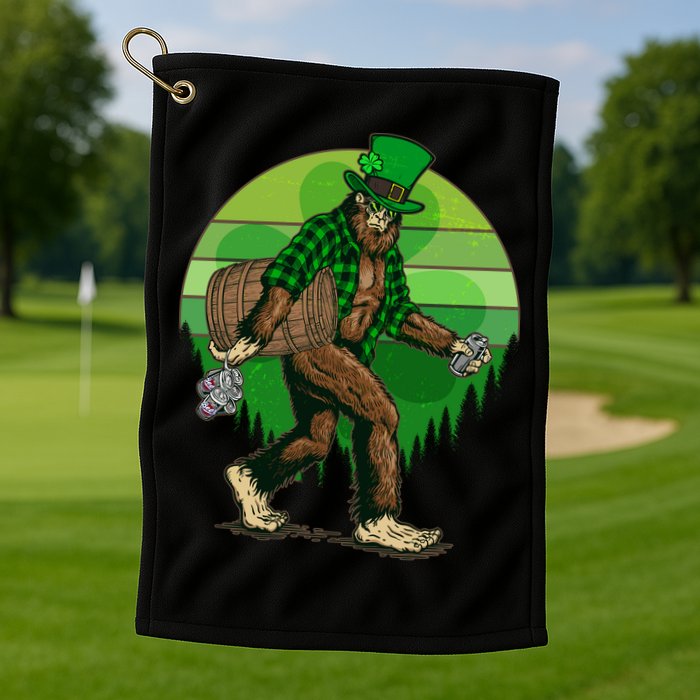 Funny St Patrick's Day Leprechaun Sasquatch With Beer Golf Towel