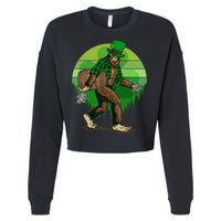 Funny St Patrick's Day Leprechaun Sasquatch With Beer Cropped Pullover Crew