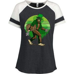 Funny St Patrick's Day Leprechaun Sasquatch With Beer Enza Ladies Jersey Colorblock Tee