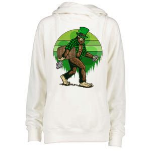 Funny St Patrick's Day Leprechaun Sasquatch With Beer Womens Funnel Neck Pullover Hood