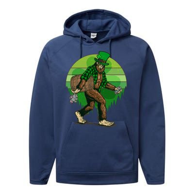 Funny St Patrick's Day Leprechaun Sasquatch With Beer Performance Fleece Hoodie