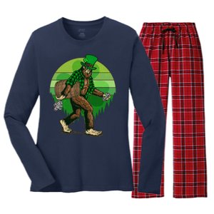 Funny St Patrick's Day Leprechaun Sasquatch With Beer Women's Long Sleeve Flannel Pajama Set 