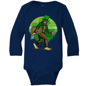 Funny St Patrick's Day Leprechaun Sasquatch With Beer Baby Long Sleeve Bodysuit