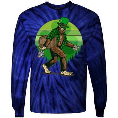 Funny St Patrick's Day Leprechaun Sasquatch With Beer Tie-Dye Long Sleeve Shirt