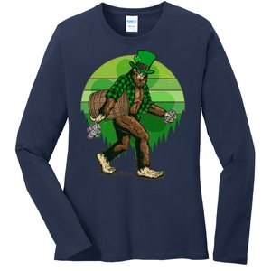 Funny St Patrick's Day Leprechaun Sasquatch With Beer Ladies Long Sleeve Shirt