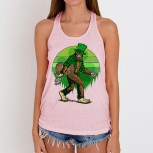 Funny St Patrick's Day Leprechaun Sasquatch With Beer Women's Knotted Racerback Tank