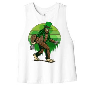 Funny St Patrick's Day Leprechaun Sasquatch With Beer Women's Racerback Cropped Tank