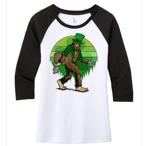 Funny St Patrick's Day Leprechaun Sasquatch With Beer Women's Tri-Blend 3/4-Sleeve Raglan Shirt