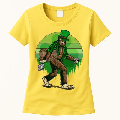 Funny St Patrick's Day Leprechaun Sasquatch With Beer Womens T-Shirt