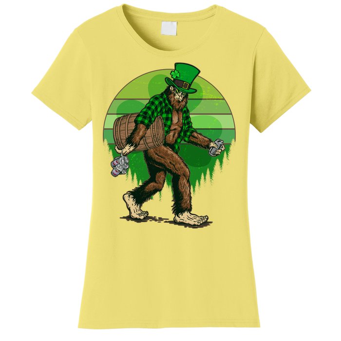 Funny St Patrick's Day Leprechaun Sasquatch With Beer Women's T-Shirt