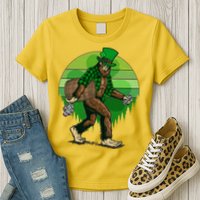 Funny St Patrick's Day Leprechaun Sasquatch With Beer Womens T-Shirt