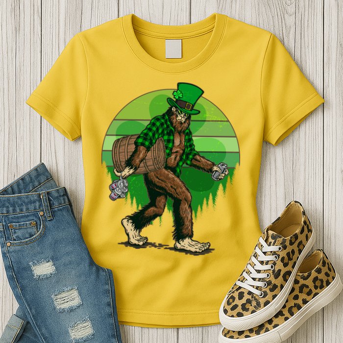Funny St Patrick's Day Leprechaun Sasquatch With Beer Womens T-Shirt