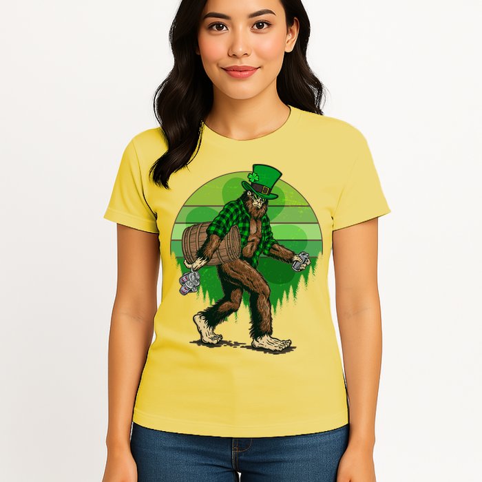 Funny St Patrick's Day Leprechaun Sasquatch With Beer Womens T-Shirt