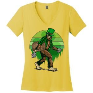 Funny St Patrick's Day Leprechaun Sasquatch With Beer Women's V-Neck T-Shirt